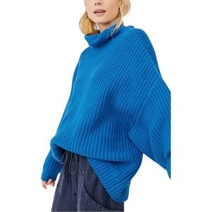 Free People Swim Too Deep Sweater Medium Mykonos Blue Knit Turtleneck Oversized